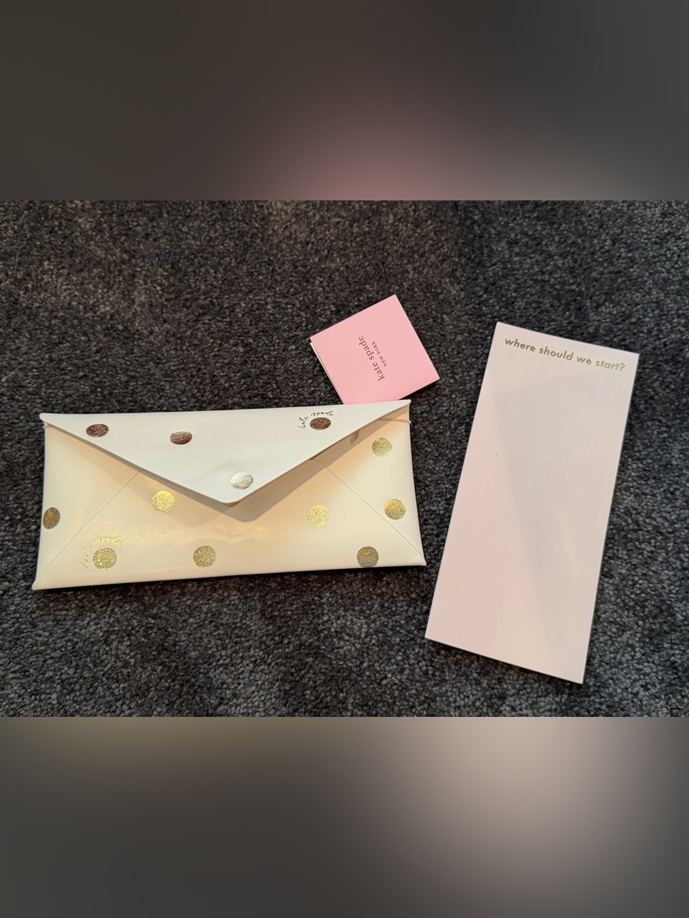 NEW Set of Kate Spade Snap Envelope Pouch with Gold Polka Dots and Notepad